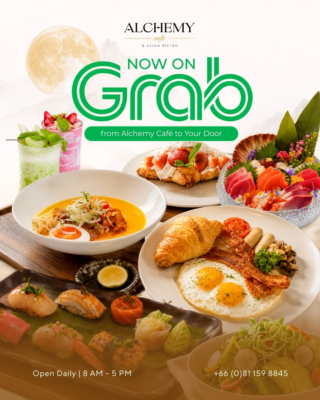 Now on Grab poster: from Alchemy Café to your door, with breakfast, ramen, sushi and drinks. Open daily 8 AM to 5 PM